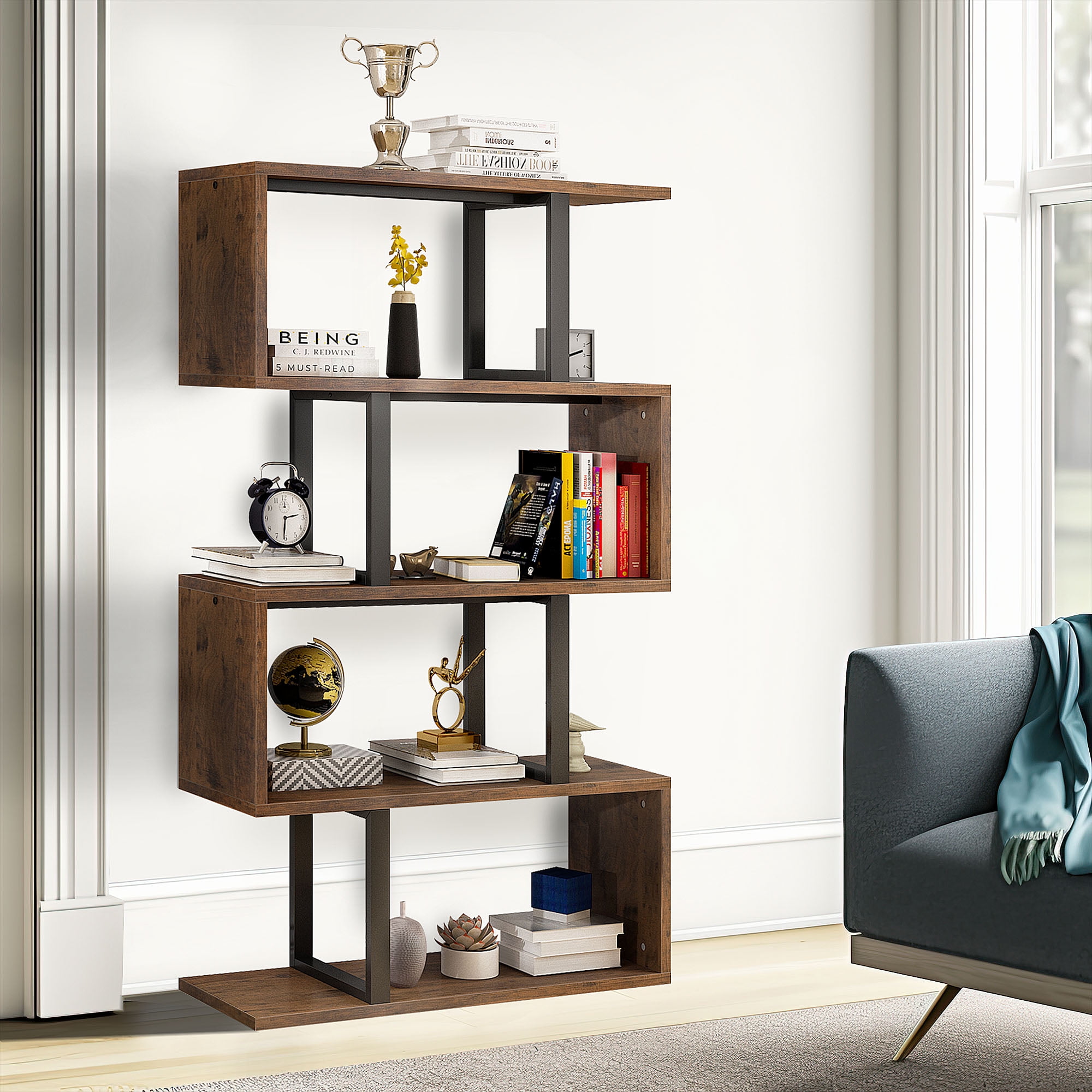 Dextrus Modern S Shaped Bookshelf 5-Tier Bookshelf Z-Shelf Bookshelves Wood Bookshelf, Display Storage Shelf Freestanding Decorative Storage Shelving for Living Room Home Office, Retro Brown