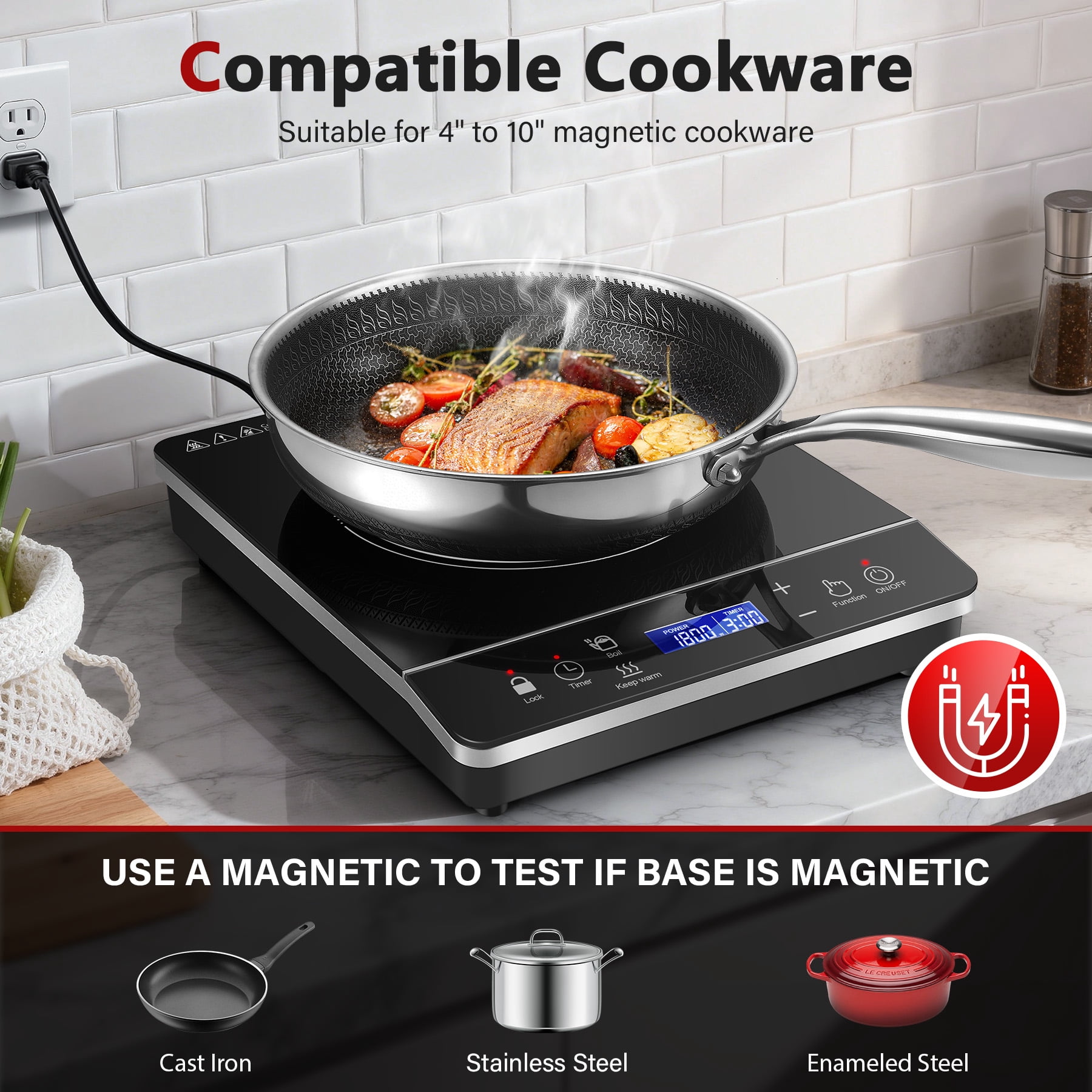 Portable Induction Cooktop 1800W, 20 Modes, 3H Timer, Touch Control, Child Lock, Auto Shut-off, ETL Certified