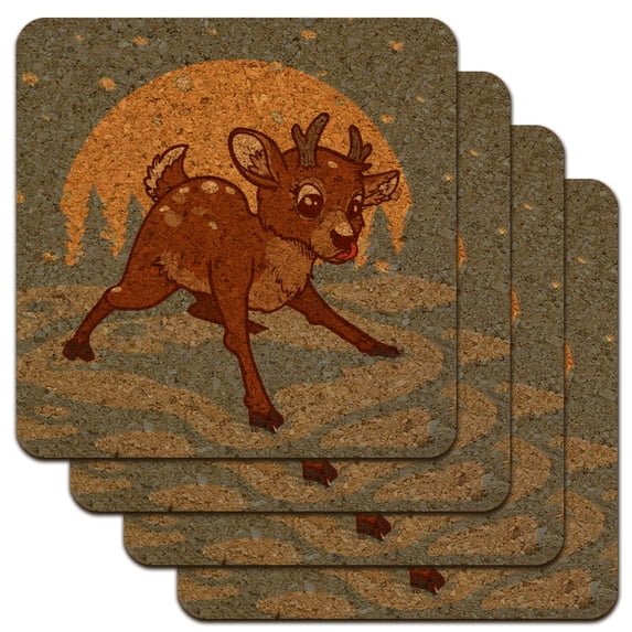 Baby Reindeer Christmas Holiday Low Profile Novelty Cork Coaster Set