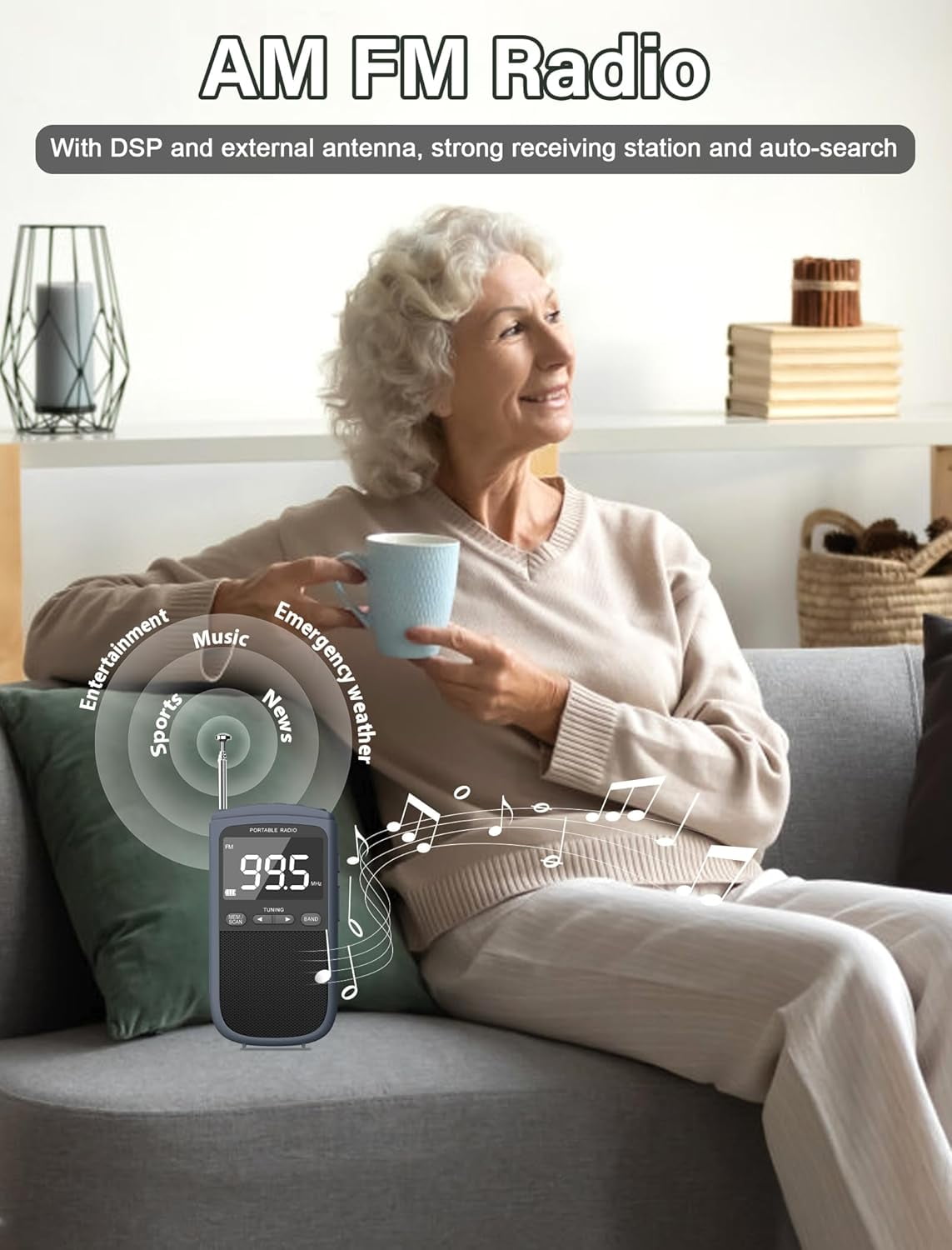 Greadio AM FM Walkman Radio, 900mAh Rechargeable Pocket Radio with Alarm Clock for Walking, Jogging