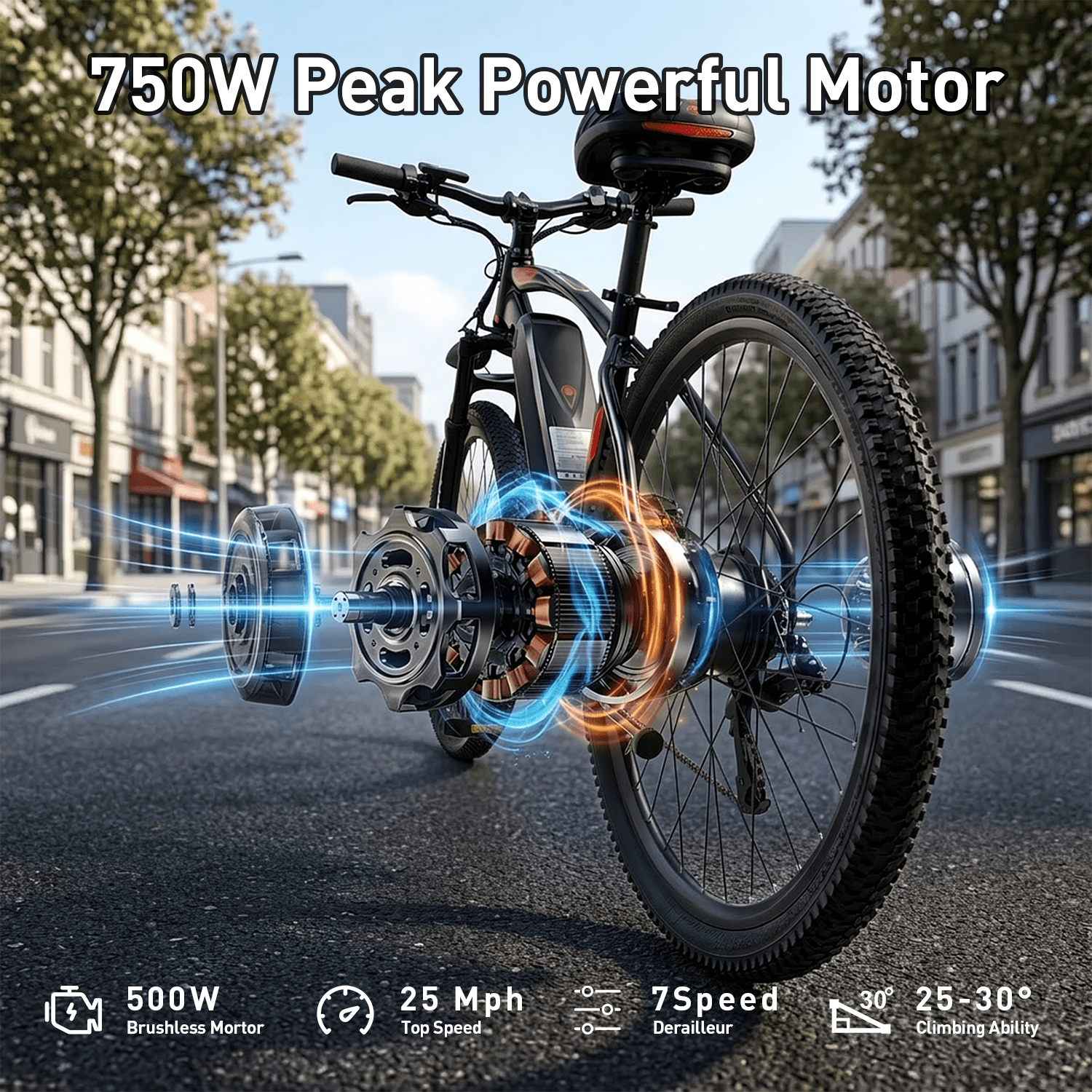26"Electric Bicycles for Adults,Ebike with 749W Peak Motor,40 Miles 20MPH 432WH Removable Battery,7-Speed,UL2849