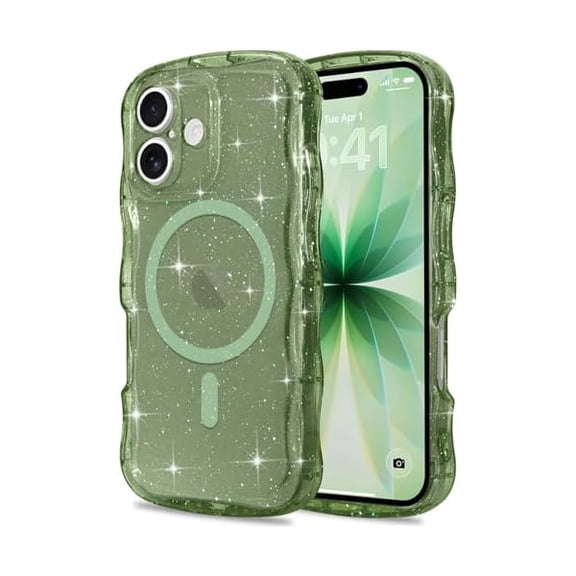 Magnetic for iPhone 17 Case Clear, Sparkly Bling Glitter Cute Curly Wave Transparent Cover for Women Men Compatible with MagSafe TPU Shockproof Protective Phone Case for iPhone 17, Green