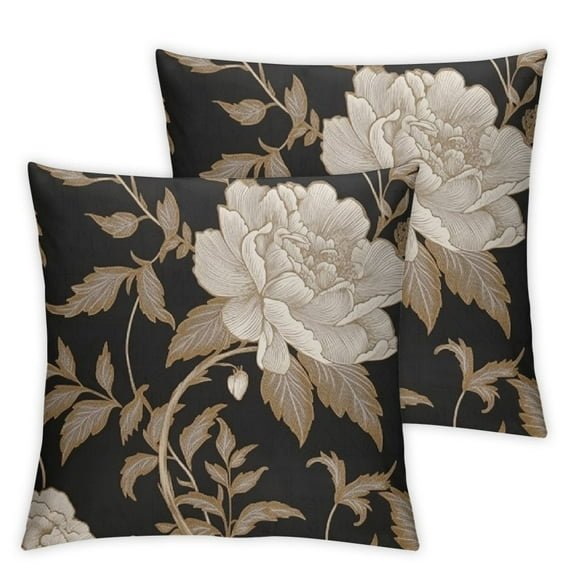 Acheng Vintage Peony Floral Pillow Covers Set of 2 Black Gold and Cream Chinoiserie Flowers Leaves Outdoor Decorative Throw Pillow Covers Rustic Farmhouse Pillow Cases for Couch Decor 12x12in