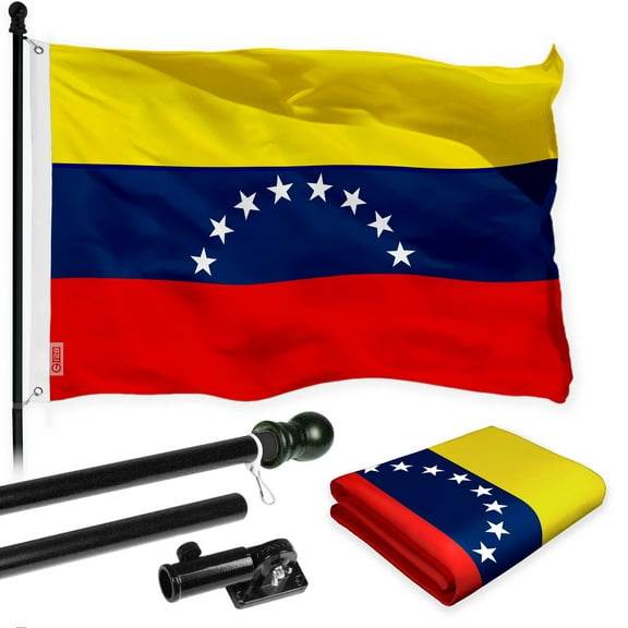 G128 Combo Pack: 6 Ft Tangle Free Spinning Flagpole (Black) & Venezuela Flag 3x5 Ft Printed 150D Polyester, Brass Grommets (Flag Included) Aluminum Flag Pole
