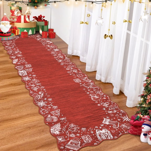 Christmas Runner Rug Washable Stain Resistant Hallway Runner Scalloped Accent Rug Non Slip, Low Pile Kitchen Mat, for Living Room, Entrance Door, Bedroom, Laundry, Dormitory, Holiday Decoration