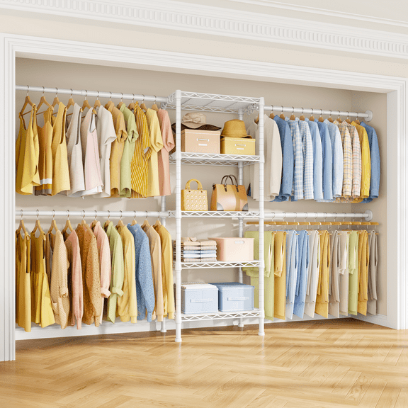 Ulif M2 Wall Mounted Closet System, Clothes Rack Mounted onto the Wall with 4 Expandable Hanger Rods and 5 Metal Shelves, Clothing Organizer Storage in (70.8-102.3)" L x 14.5" D x 71.2" H, White