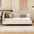 thumbnail image 2 of Bed Frame Twin Size L-Shaped Linen Daybed, with Solid Wood Legs, Beige, 2 of 7