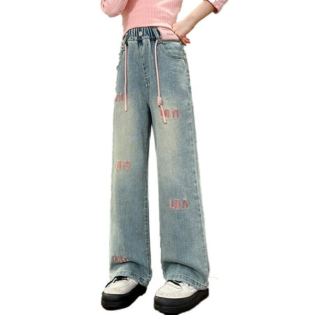 

Esaierr Baby Toddler Girls Sweet Jeans Tide Wide Leg Jeans Spring Autumn Cute Letter Jeans for Kids 5-15Y