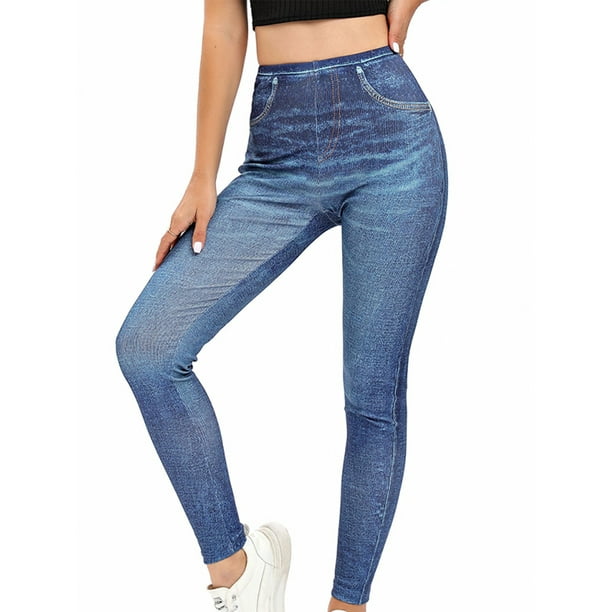Sexy Dance Women Fake Jeans High Waist Leggings Skinny Faux Denim Pant Slim  Fit Trousers Tummy Control Jeggings Blue C XL 