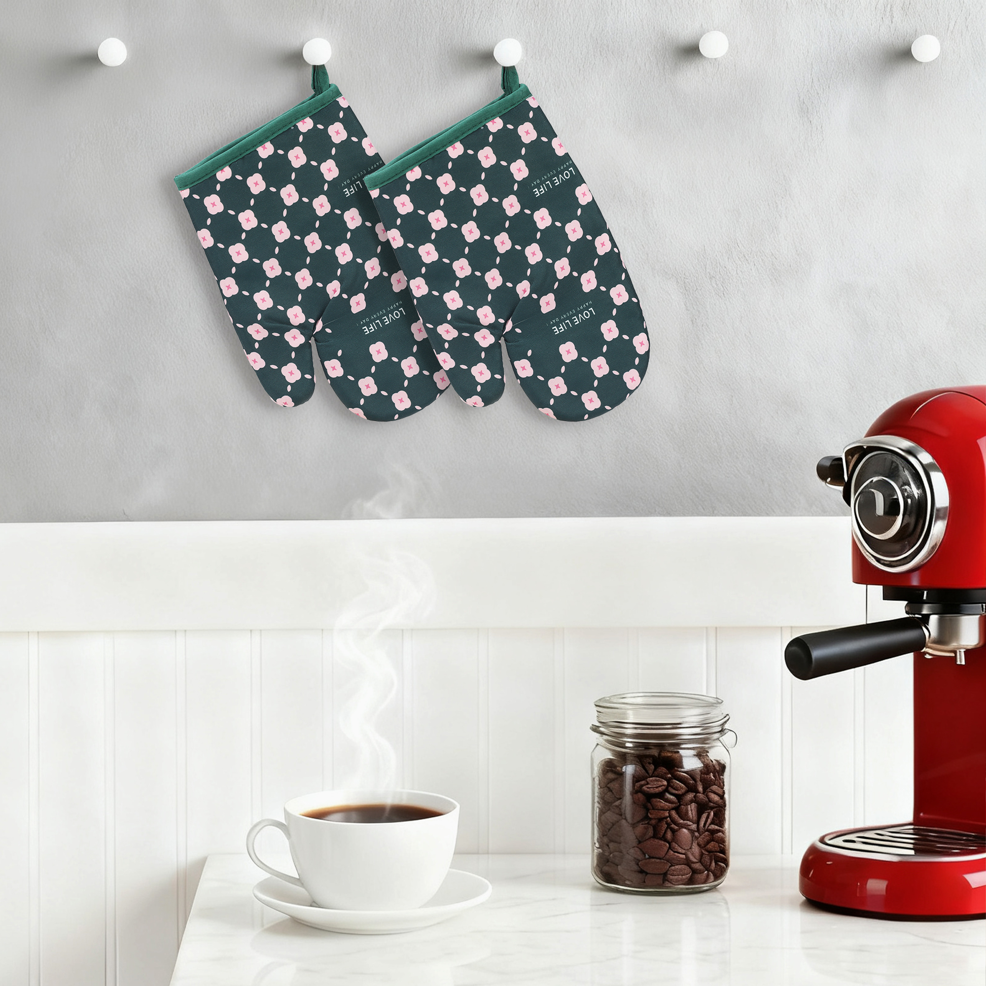 Unique Bargains Soft Floral Heat-Resistant Oven Mitts Cooking Gloves Dark Green