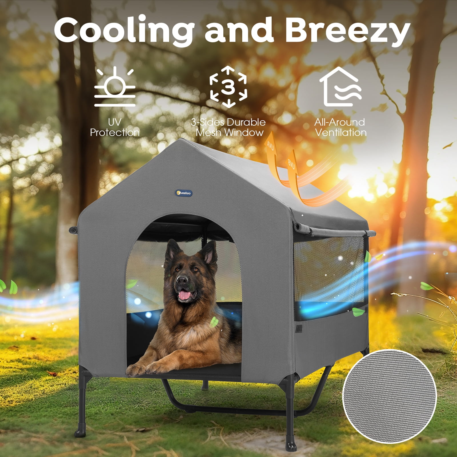 Veehoo 47" Dog House, Elevated Dog Bed with Three-Sided Breathable Mesh Windows and Sunshades