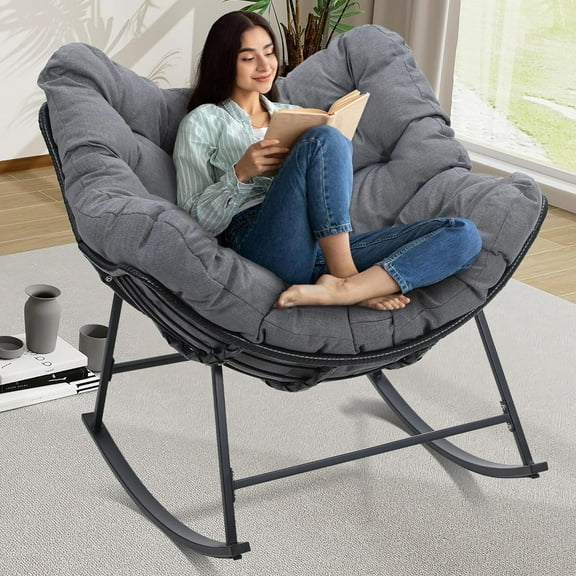 Kromax Large Rattan Rocking Papasan Chair, Indoor, Outdoor, Wicker Rocker with Padded Cushion, Modern Egg Style, Grey