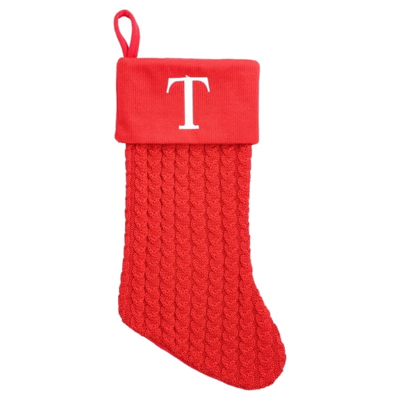 Cable Knit Monogram "T" Christmas Stocking, Red and White, 18", by Holiday Time