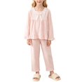 thumbnail image 2 of YunPes Girls Cute Loungewear Set Lace Trim Square-Neck Bubble Crinkle Blouse and Ruffle Pants Kids Soft Lightweight Spring Fall Outfits, 2 of 6