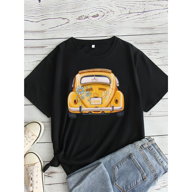 1pc Women'S Casual Crew Neck Short Sleeve T-Shirt with Vintage Car and Alphabet Print 100% Cotton Knit Fabric Slight Stretch TEE TOP