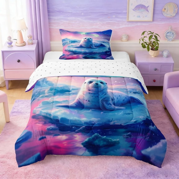 Manfei Cute Seal Twin Comforter Sets for Kids Boys and Girls, Arctic Aurora Bedding Set, Reversible 2pcs, 1 Comforter and 1 Pillowcase