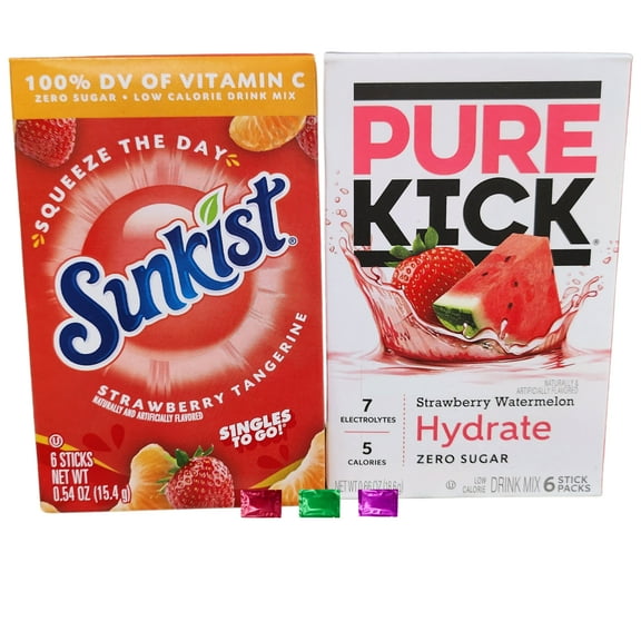 Sunkist Strawberry Tangerine & Pure Kick Strawberry Watermelon Drink Mix, 12 Total Servings 2 Boxes, Zero Sugar Low Calorie Hydration Beverage with Snoep in Beperkte Oplage