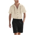 thumbnail image 2 of YHAJDS Mens 2 Piece Outfits Solid Color Linen Button Hooded Short Sleeve Shirt Shorts Summer Mens Beach Outfit Casual Vacation, 2 of 5