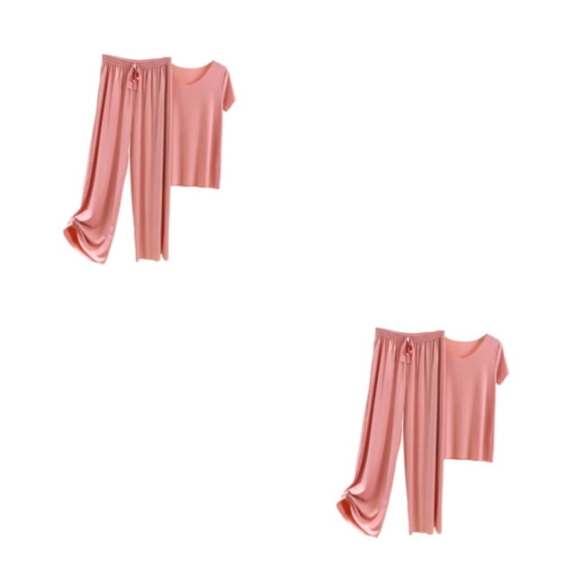 Sonducket Women Ice Silk Satin Pajama Set Sleeve Two Pieces Short T-Shirt Loungewear Pants Style Comfortable Loose Casual Rosa 4XL 2Conjunto