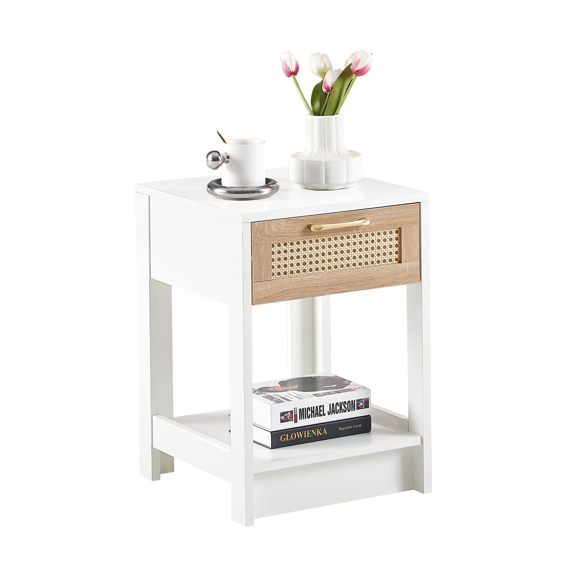 MAYEERTY 15.76" Rattan End Table with Drawer – Modern Nightstand for Living Room, Bedroom, White