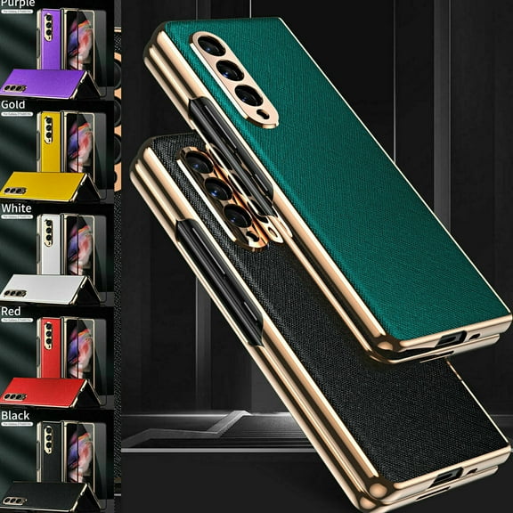 CASE For Samsung Galaxy Z Fold 3 5G Luxury Plain Leather Tempered Glass Phone Case Cover