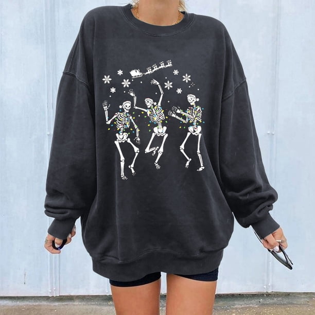 Pntutb Mujeres tops Invierno Navidad Esqueleto humano Impresión Pullover Sudadera suelta Pntutb Pntutb-7778
