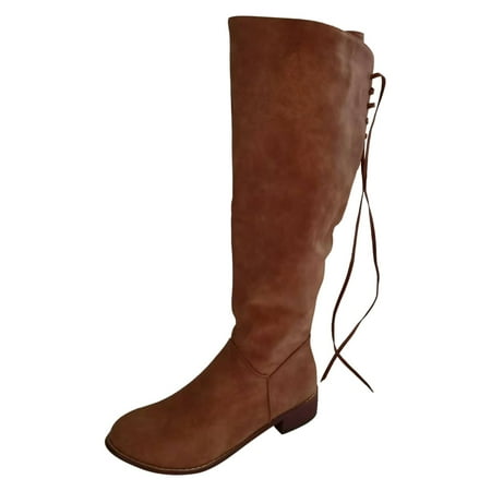 

jsaierl Women Low-heel Shoes Zipper Knee-length Retro Cowboy Lace-up Rider Boots