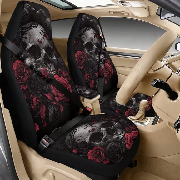 Xixirimido Automotive Seat Covers for Cars Trucks and SUVs Car Seat Covers for Front Seats with Car Seatbelt Covers & Armrest Box Cover, Set of 5, Skull Retro Red Roses