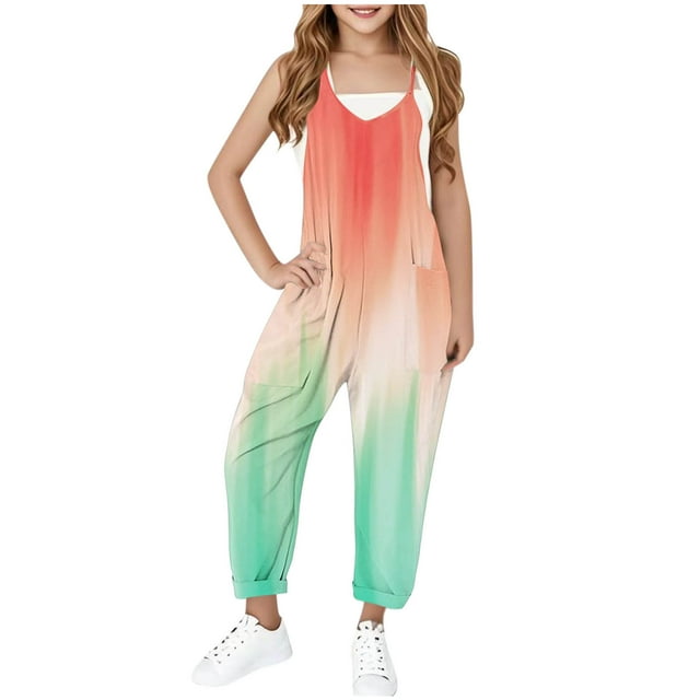 YUNAFFT Salopettes Sans Manches pour Filles à Blocs de Couleur Imprimé Bretelles Ajustables Poches Tenue Décontractée pour Jouer 5-14 Ans