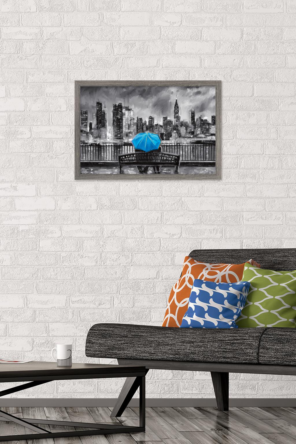 PD Moreno - Fine Art - Blue Umbrella Wall Poster, 14.725" x 22.375" Framed