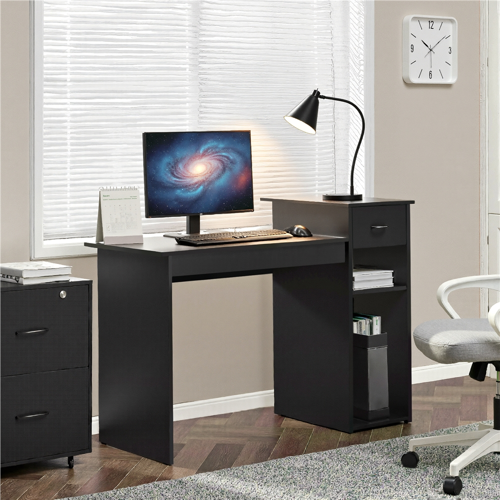 Alden Design Home Office Workstation Computer Desk with Drawer and Storage, Black