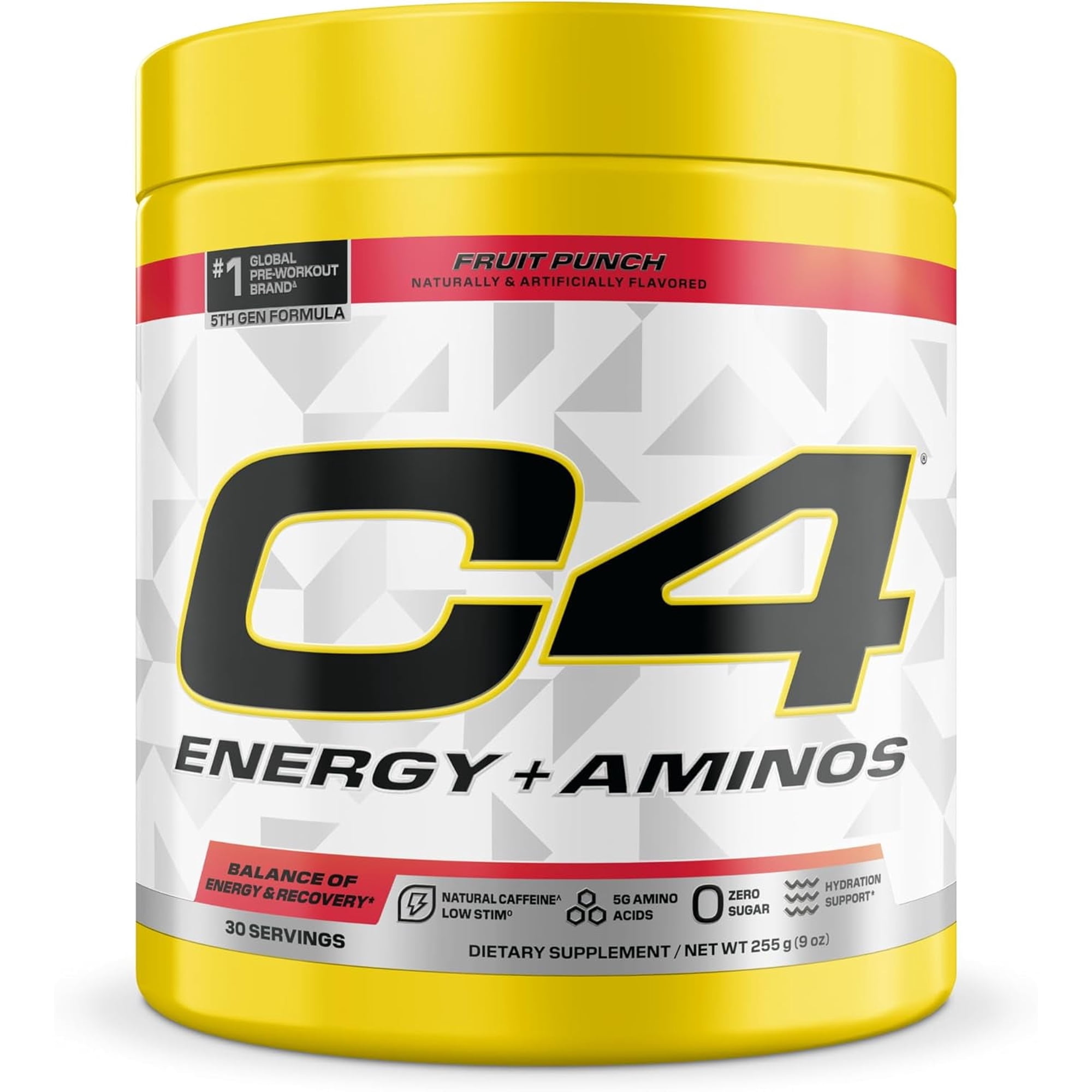 C4 Energy + Aminos Pre Workout Powder, 5g BCAAs & EAAs, Zero Sugar, Fruit Punch, 30 Servings