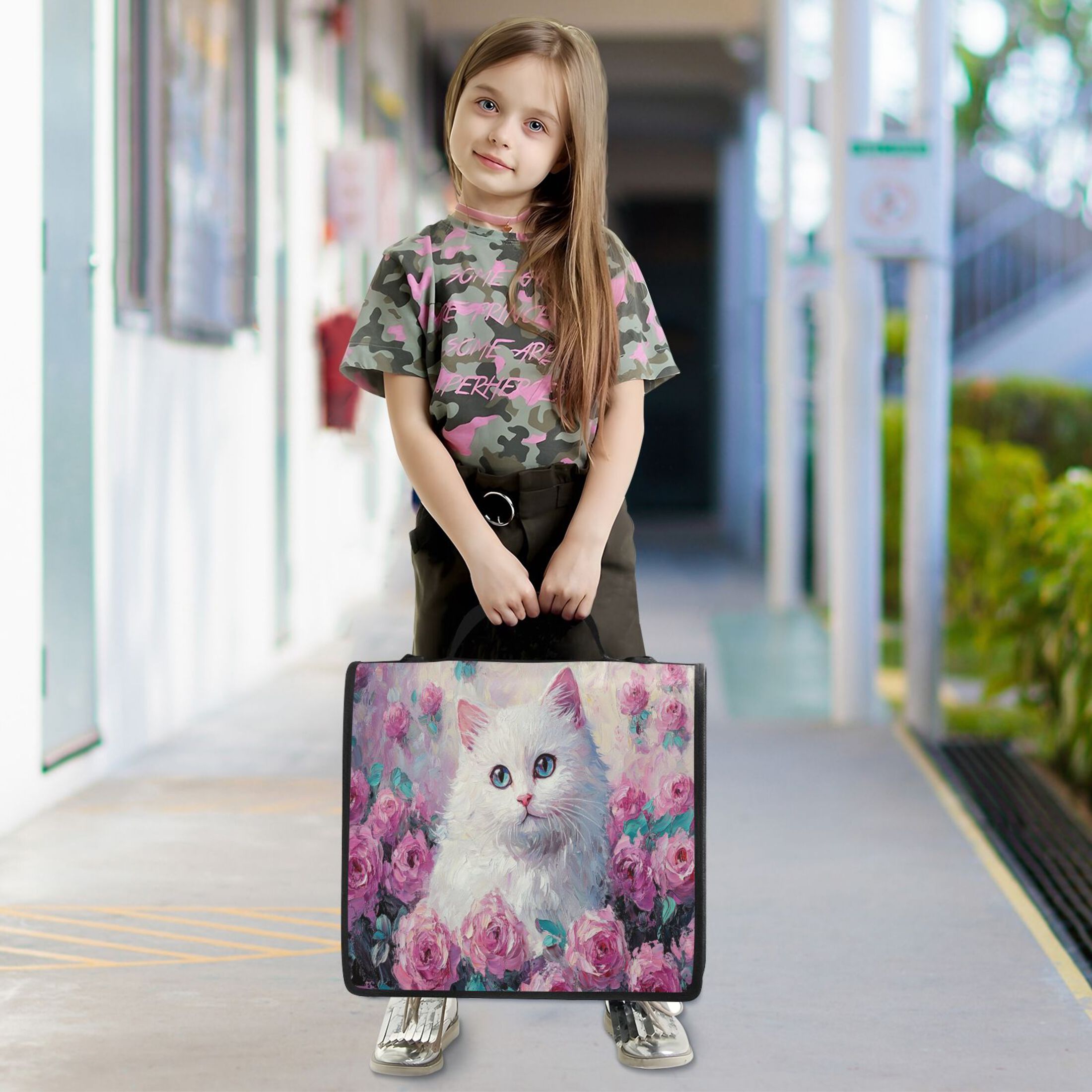 YAZAOO Zipper Binder trapper keeper Documents Organized Design Cat Among Colorful Roses Painting Printed