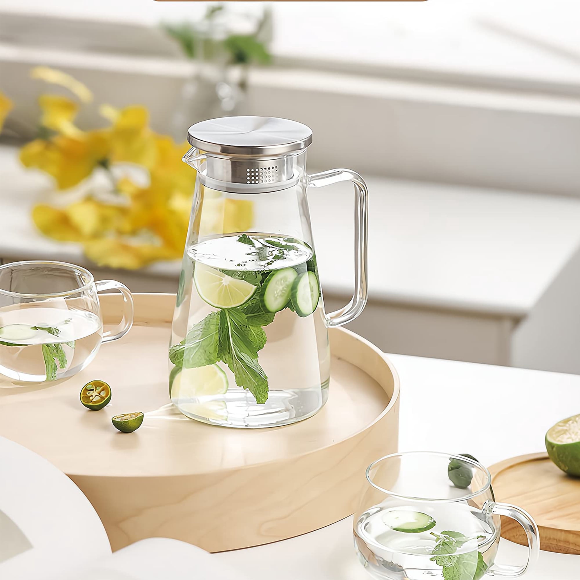64 oz Glass Pitcher with Lid, Easy Clean Water Pitcher, Ice Tea Pitcher for Fridge, Glass Pitchers with Handle and Lid for Cold Brew, Iced Tea, Juice, Milk, Hot/Cold Beverages