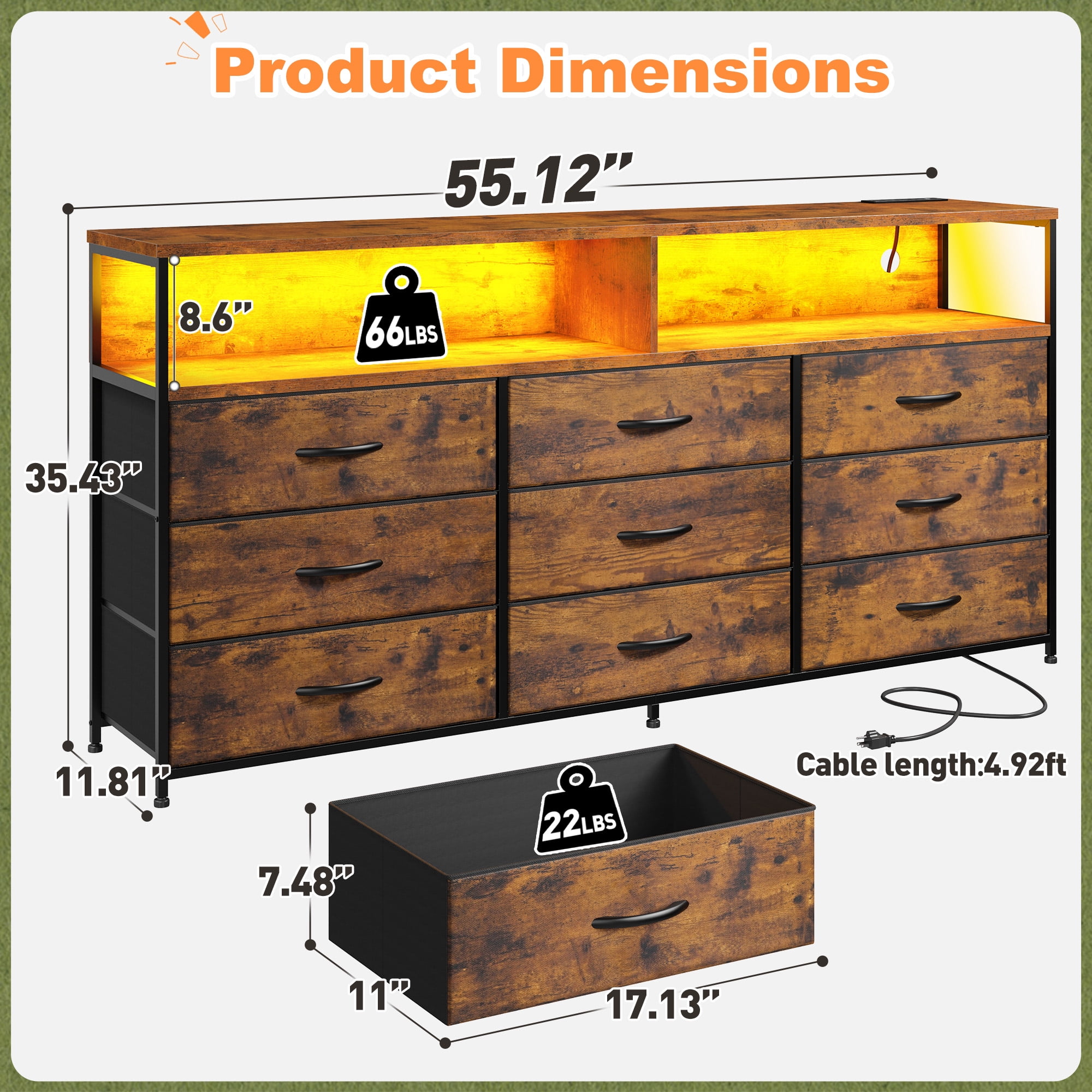 Romorgniz 9-Drawer Wide Dresser with Power Outlet & LED Lights, Fabric Chest of Drawers for Bedroom,TV Stand for 65"Screens,Rustic Brown