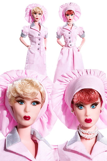 TOP BARBIE MATTEL  I LOVE LUCY  JOB SWITCHING PINK/GRAY DRESS DOLL ACCESSORY 