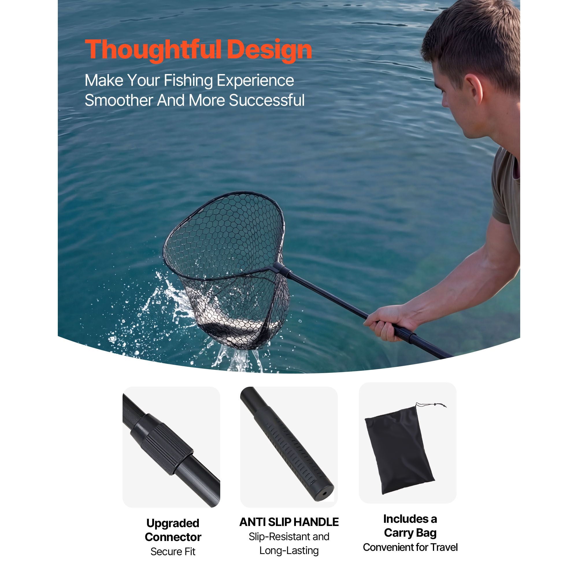 Fishing Net, Foldable Landing Nets with Telescopic Handle, Portable Lightweight and Stronger 6063 Aluminum Fish Gear, Soft Silicone Fish-Friendly Mesh, for Kayak, Boat, Bank, Pond, Gifts for Men
