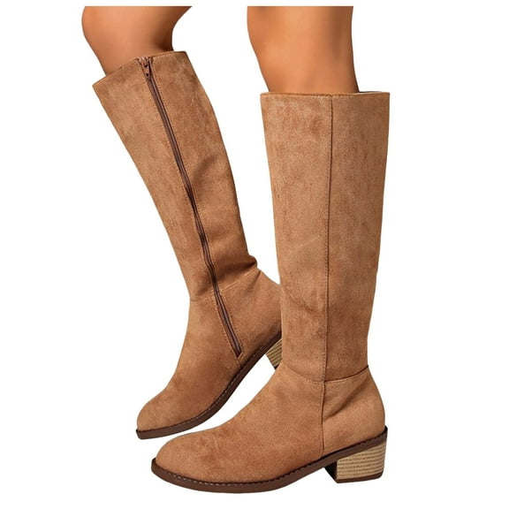 Suede Knee High Boots for Women Wide Calf Block Low Heel Pointd Toe Side Zipper Tall Fall Riding Booties