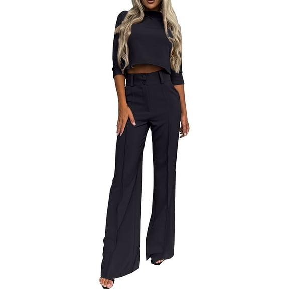 NMMUED Two Piece Sets for Women Going Out Pants Sets Women 2 Piece Outfits Two Piece Sets for Women Long Sleeve Matching Sets Women Clothing Travel Outfits for Women, Black L