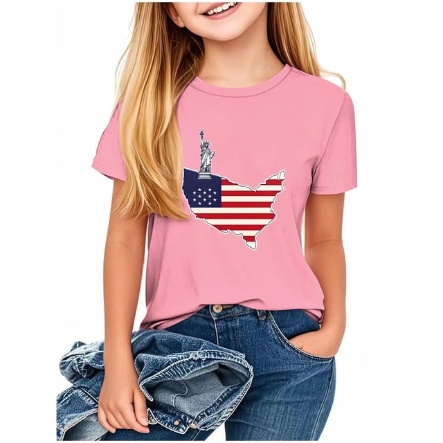 T-Shirt à Manches Courtes et Col Rond Imprimé pour la Fête de l'Indépendance pour Enfants, Mélange Doux Polyester-Spandex, Haut Décontracté Respirant, pour Garçons et Filles de 2 à 13 Ans, Lavable à la Machine, Chandail d'Été Léger