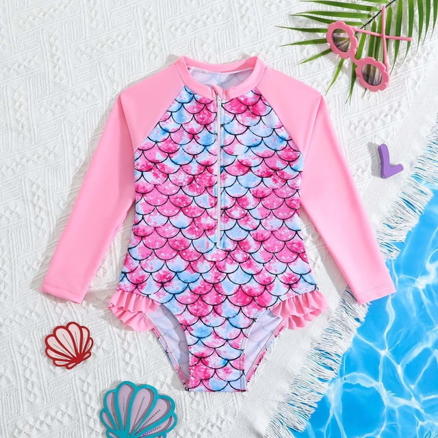 Little Girls Rash Guard Bathing Suits Floral Printing Sun Protection Long Sleeve Girls Bathing Suit Girls 5-6 Years