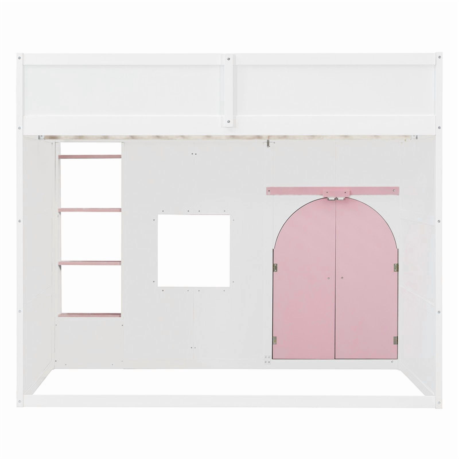 Full Size Playful Child Loft Bed with Doors & Window, Wood Kids House Bed Frame with Light Strip & Built-In Ladder