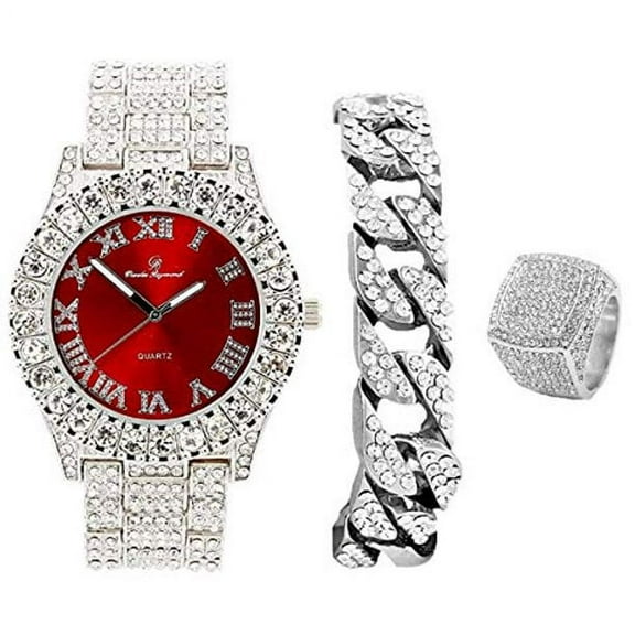 Charles Raymond Mens Silver Big Rocks Bezel Bloody-Red Dial with Roman Numerals Fully Iced Out Hip Hop Wristwatch w/Cuban Blinged Out Chain Bracelet & Ring Size 12- Bloody Red/Silver- ST10327CRS (12)