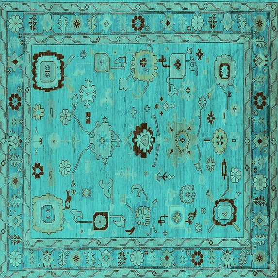 Ahgly Company Machine Washable Indoor Square Oriental Turquoise Blue Traditional Area Rugs, 5' Square