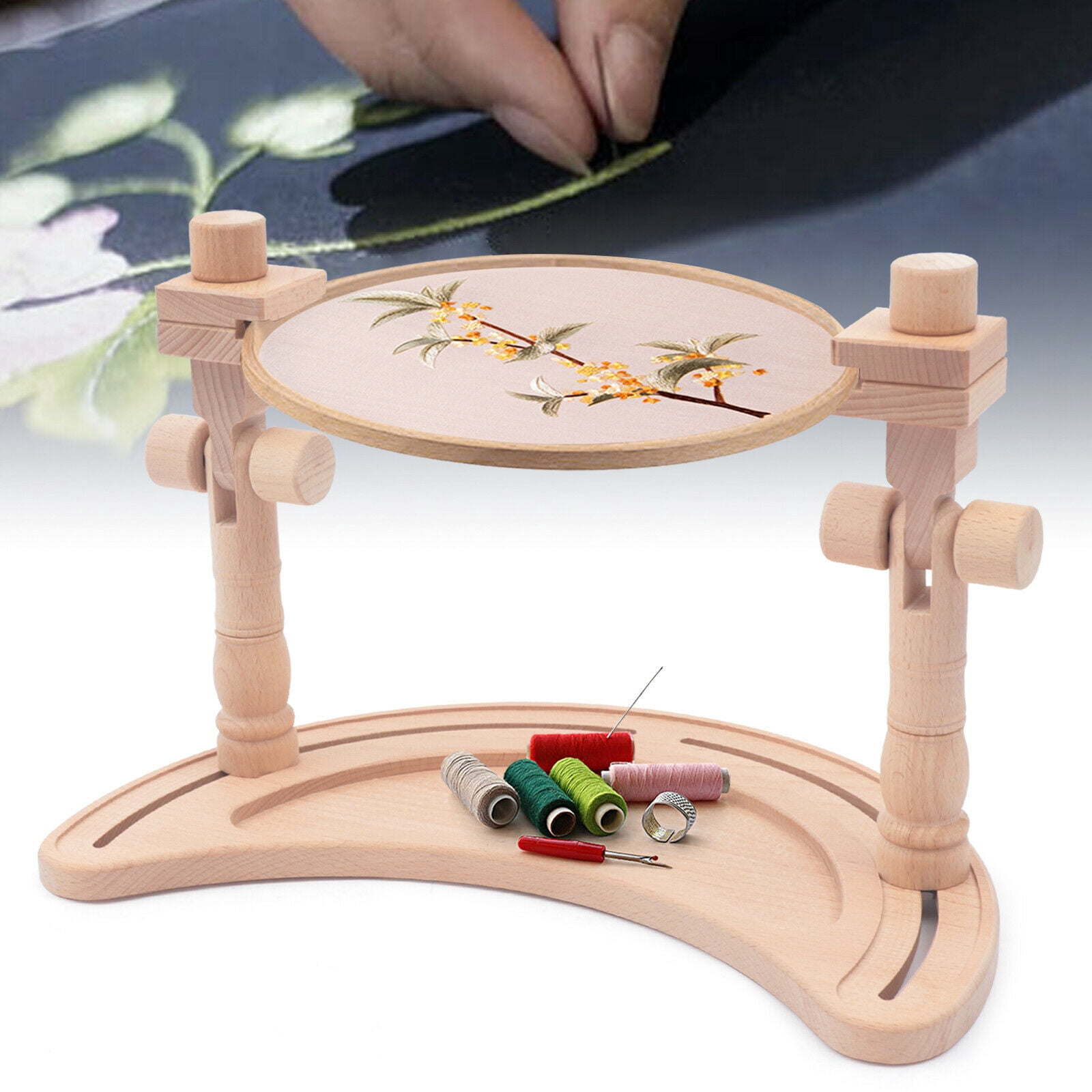 360° Wooden Embroidery Hoops Cross Stitch Rack Round Frames Desktop Stand DIY