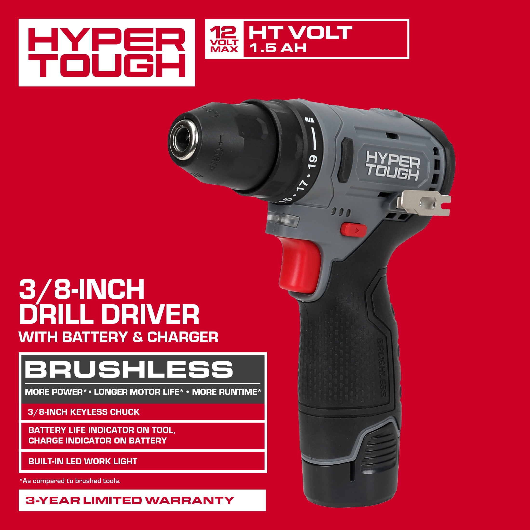 Hyper Tough 12V Brushless Cordless Drill Driver with 1.5Ah Battery