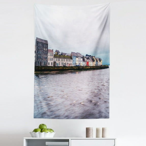 Ireland Tapestry, Buildings Neighborhood Architecture Country Riverside Island Houses Illustration, Fabric Wall Hanging Decor for Bedroom Living Room Dorm, 5 Sizes, Multicolor, by Ambesonne