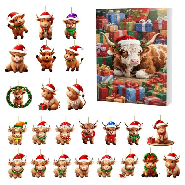 Calendario de Adviento de Vaca Navideña 2025 | Adorno Colgante de 24 Días de Navidad | Cuenta Regresiva Sorpresa con Tema de Toro | Decoraciones Seguras de Acrílico | Soporte de Exhibición Multifunci