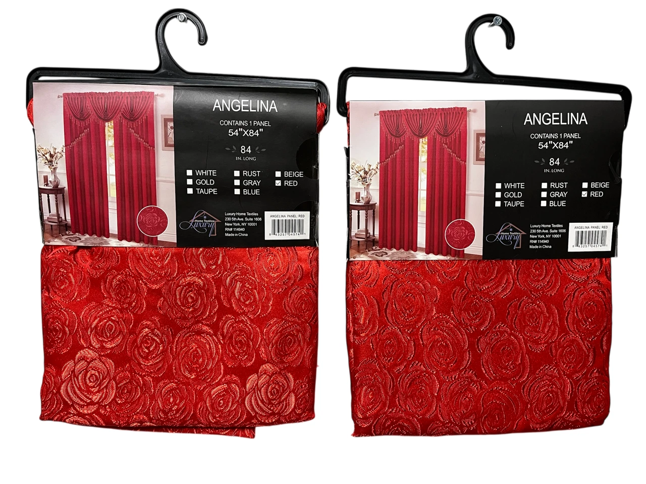 Angelina 7 Piece Damask Curtain Set with Beaded Austrian Valances and Swag, 84" Long, Red