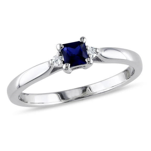 AMOUR Princess Cut Created Blue Sapphire and Diamond Accent Ring In Sterling Silver
